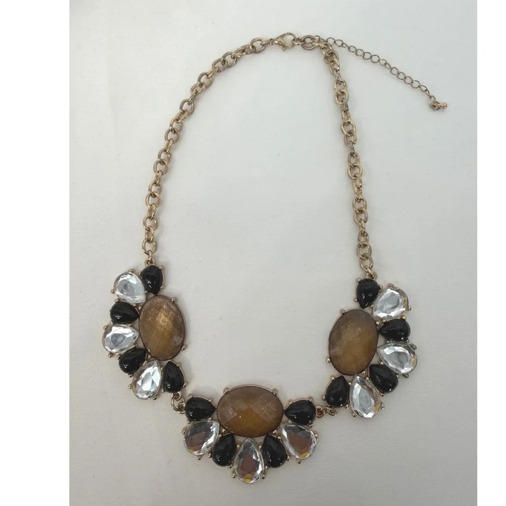 Gold Tone Statement Chunky Bib Necklace‎ Amber Black Clear Faceted Stones 103-08